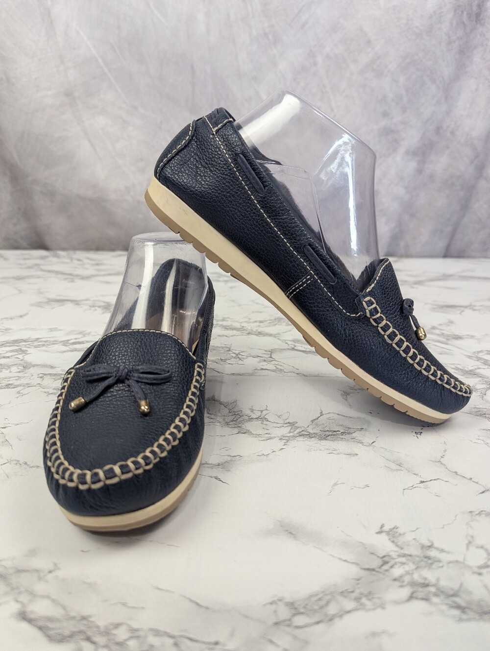 Bottero Brazil Navy Blue Pebbled Leather MoAna Moccasin Loafers Size 8 / 37